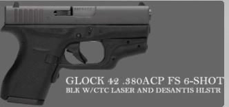 GLOCK 42 .380ACP FS 6-SHOT BLK W/CTC LASER AND DESANTIS HLSTR